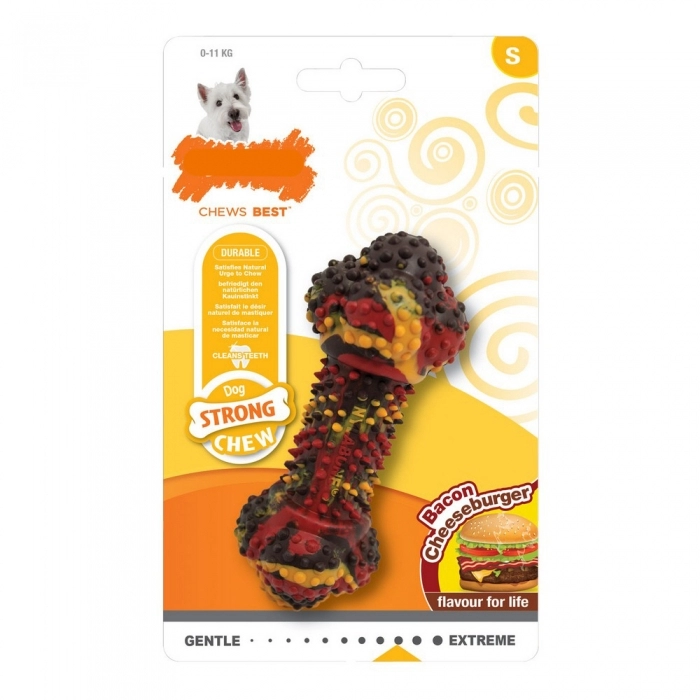 Mordedor de perro Nylabone Strong Chew Bacon Queso Hamburguesa Goma Talla S